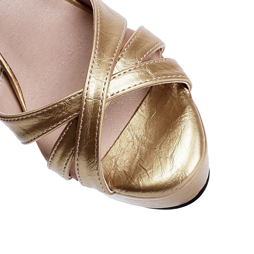Módní Letní Elegantní Stříbrné Zlaté Černé Platformové Sandály Dámské Společenské Boty Blokový Vysoký Podpatek Model PU Kůže Sandály Plus Size 34-43