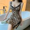 Leopard Print Dress Pajamas Women Korean Basic Classic Vintage Sling Nightdress Lace Bow Suit Homewear