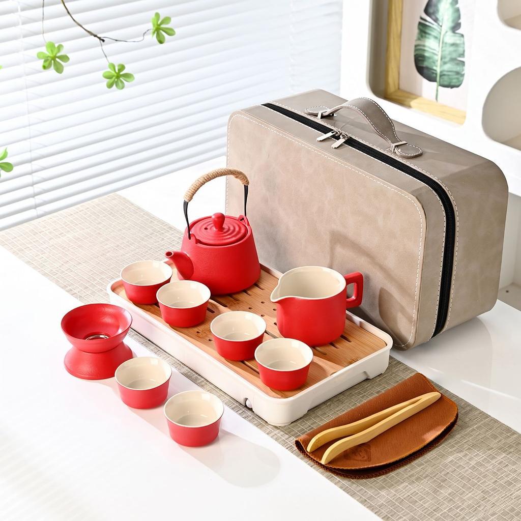 Black pottery beam pot travel tea set Outdoor leather bag storage bag Portable tea tray complete set Company gifts