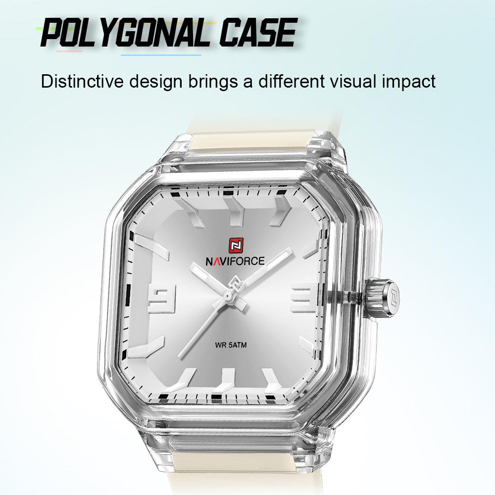 NAVIFORCE Original Women Square Watch Quartz Luminous Pointer Simple Lightweight Silicone Strap Waterproof Women Lady Casual Fashion Watch NF6108