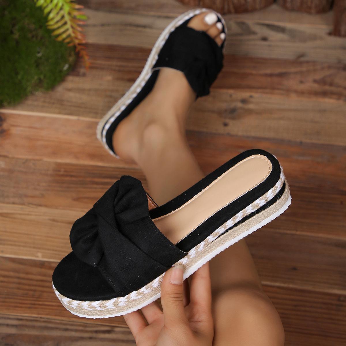 

Большой размер крутые тапочки женские летние замшевые с бантом с открытым носком пеньковая веревка маффин и шлепанцы на одной подошве 36 чёрный