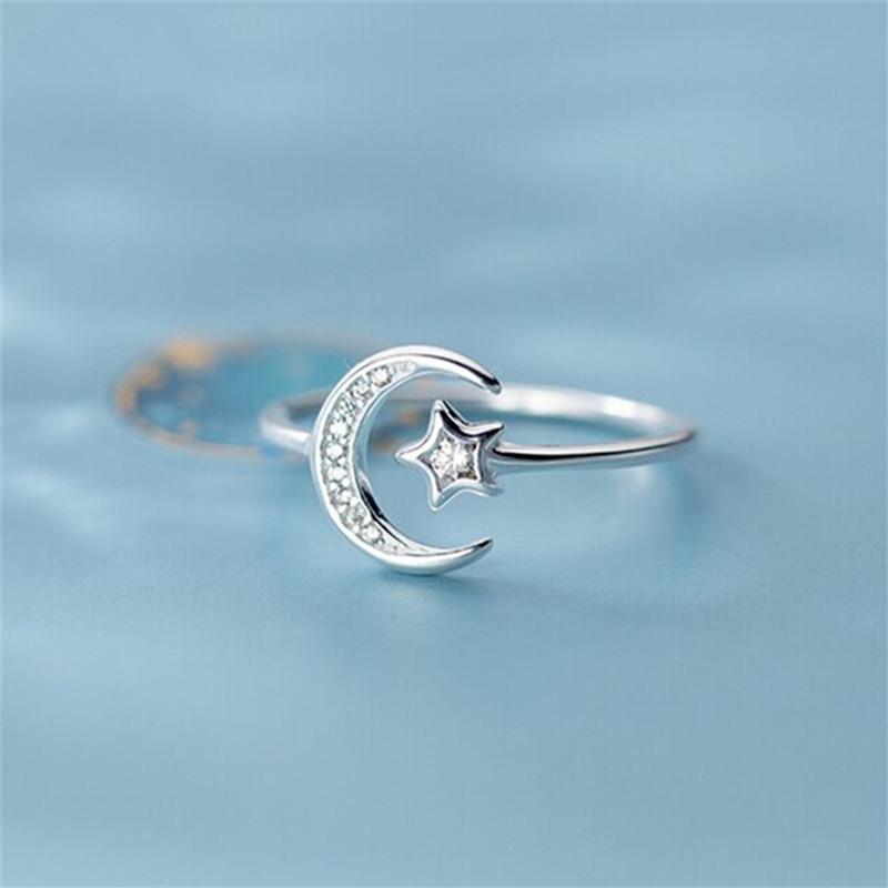 VENTFILLE Silver Color Star Moon Love Ring for Women Girl Gift with Crystal Adjustable Party Jewelry Wholesale Dropship