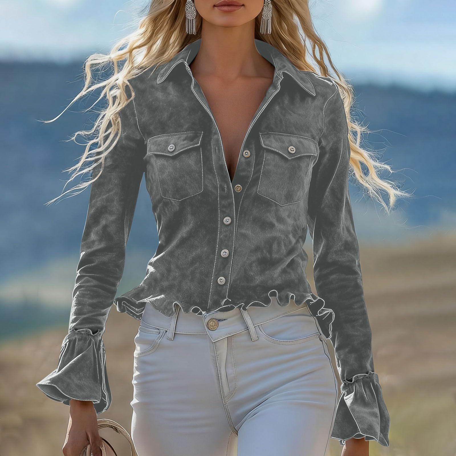 

Women s Fashion Casual Suede Flannel Shirt Classic Button Hem Ruffle Long Sleeve Retro Top XL