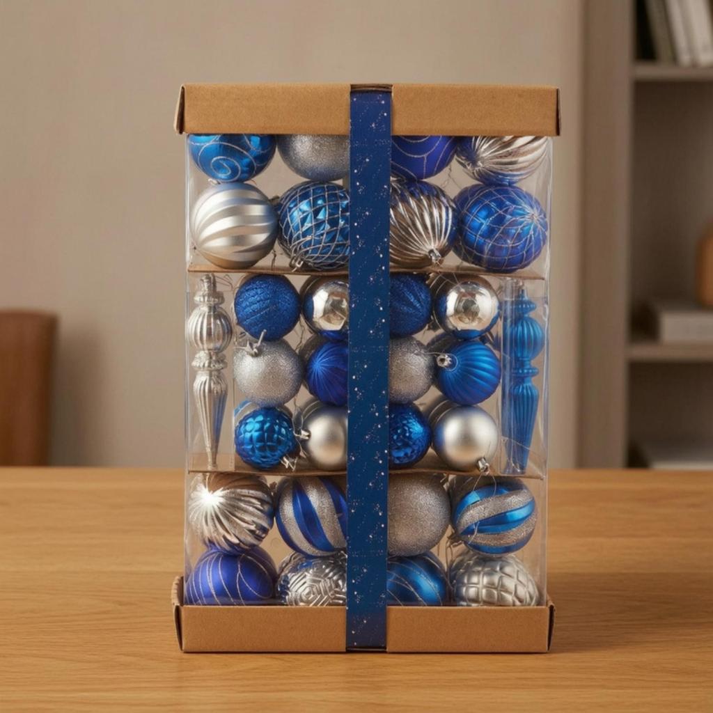 74 Pieces Blue and Silver Christmas Tree Ornaments Ornament Set with