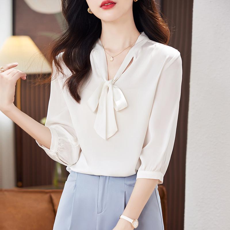 

Женская блузка из плотного шелка с рукавом три четверти, новая модная блузка с лентами, омолаживающая, из шелка-тутового шелкопряда M белый