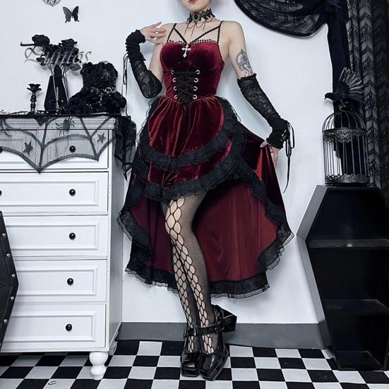 Women Cosplay Dress Dark Style Halloween Party Costume Lace Patchwork Irregular Hem Sleeveless Tight Waist Ruffles Adjustable Waistline Straps