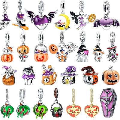 Halloween 925 Silver Skull Charm Luminous Pumpkin Bat Ghost Coffin Bead Pendant DIY Jewelry Gift for Necklace Bracelet