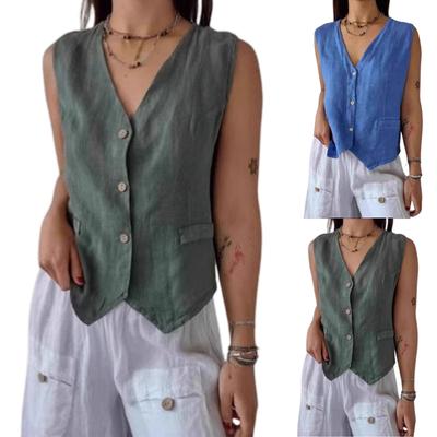Gilet décontracté pour femme de couleur unie, boutonnage devant, en coton et lin, sans manches