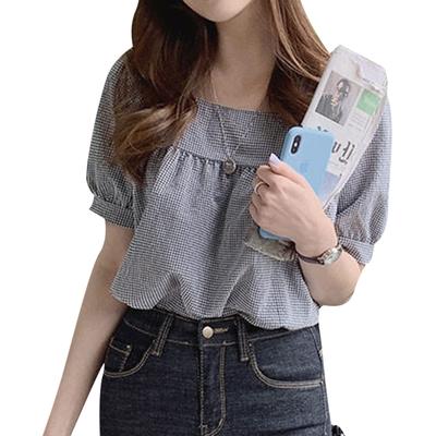 Blouses for Short Square Check Puff Voluminous Fall [DayaEmmoTQ] Women, Shirts, Tops, Sleeves, Neck, Pattern, Sleeves, Sleeves, Pretty, Pullover,