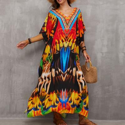 Women's Fashion Summer Spring Colour Block Print 1/2 Sleeves V-Neck Loose Waistline Casual Dresses