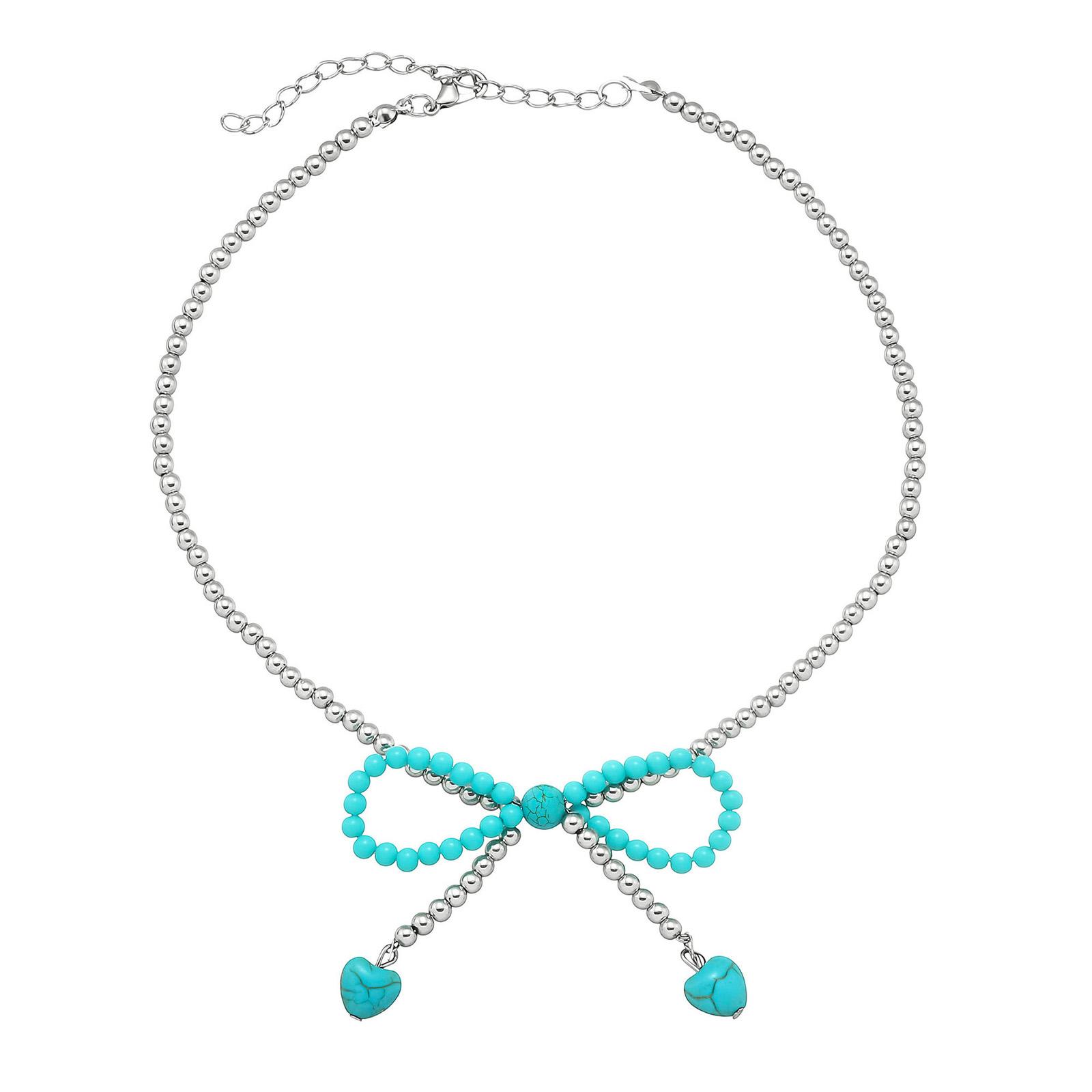 

Dainty Bowknot Heart Necklace Natural Turquoise Strone Neckchain Retro Inspired Collarbone Chain for Her 1