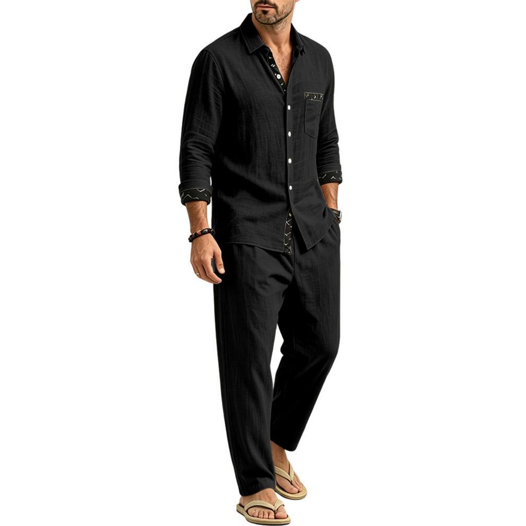 Men's Linen 2-Piece Outfit Lightweight Breathable Color Block Shirt and Straight Leg Pants Loose Fit Casual Set