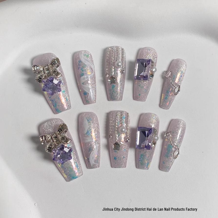 

Charming Purple Stardust Handmade Press-On Nails with Cat Eye Bow