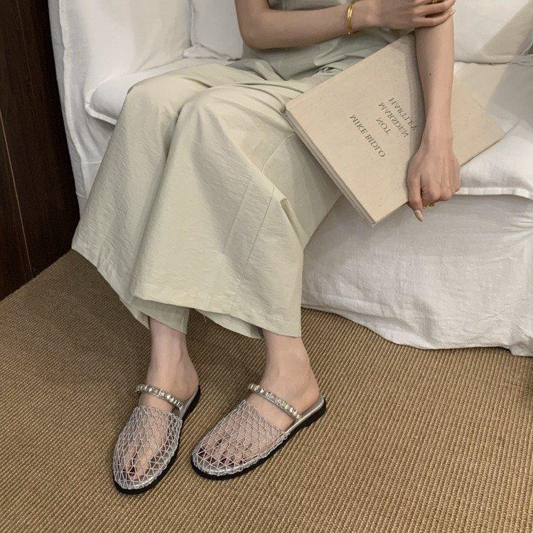 Mesh Soft Bottom Summer Rhinestone Roman Sandals Vacation Beach Wear French Bag Head Half Slippers Women'S Shoes