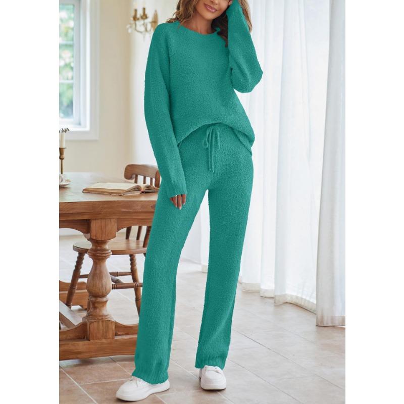 Women's Solid Color Round Neck Long Sleeve Trousers Thick Warm Suit