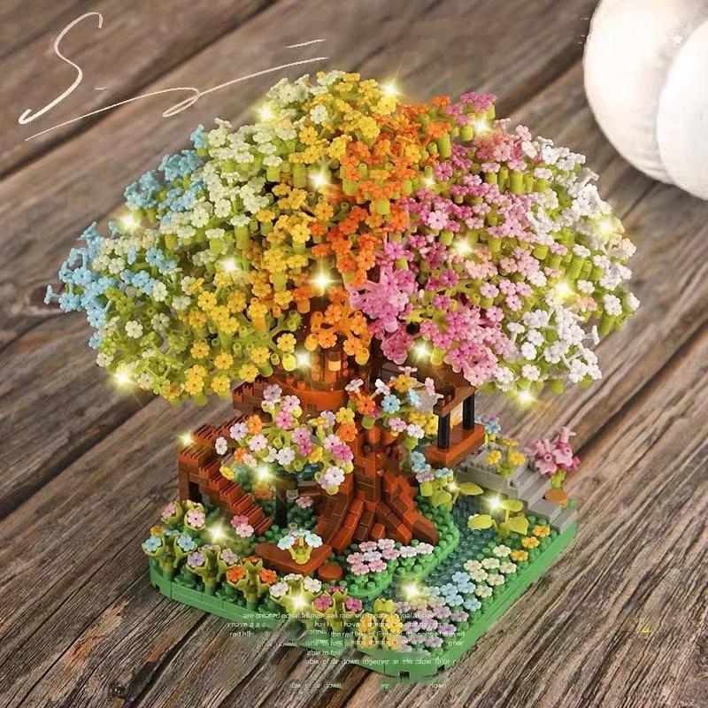 Mini Zestaw Klocków do Budowy Drzewa Sakura DIY Klocki Kwitnącej Wiśni Model Domku na Drzewie Dekoracja Romantyczny Prezent dla Dziewczyny