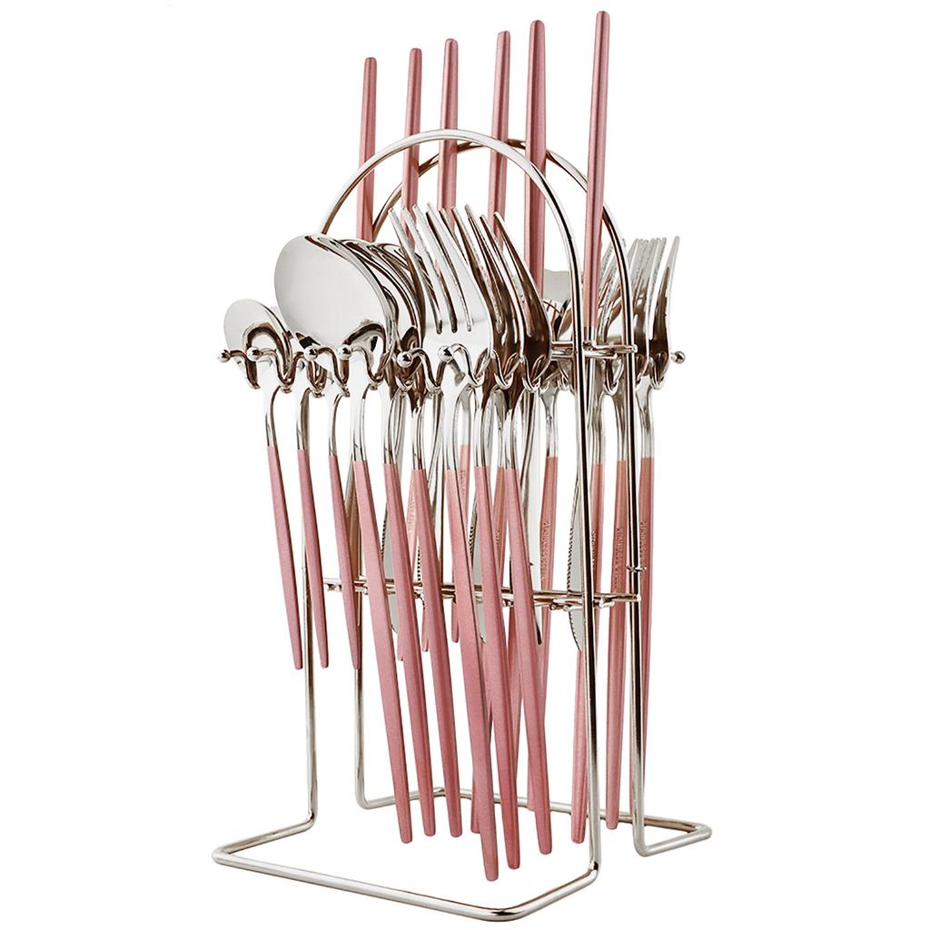 Jankng Gold 24Pcs Western Dinnerware Stainless Steel Daily Cutlery Set Knife Fork Coffee Spoon Tableware Set With Storage Rack