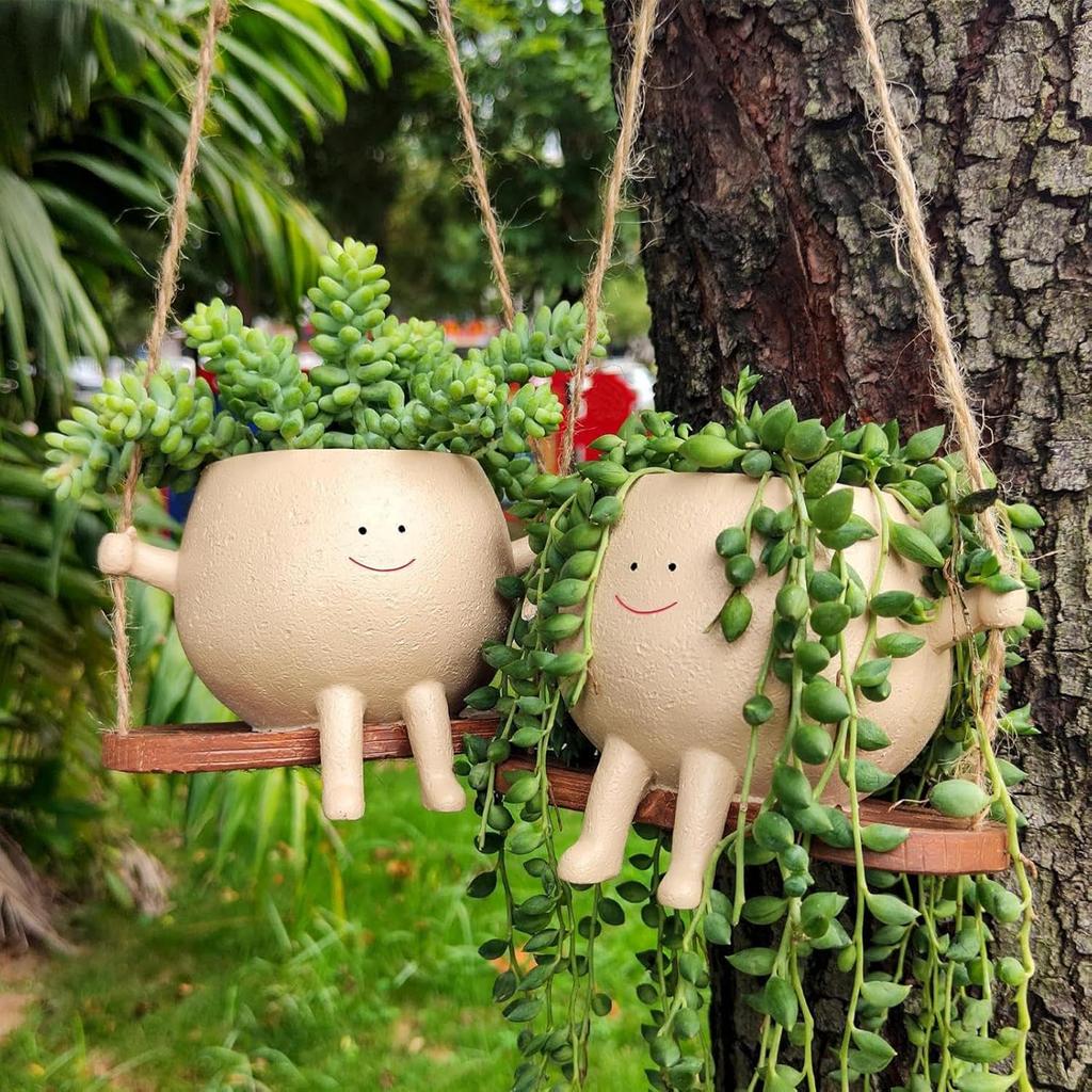 Swing Face Planter Pots, 1/2PCS Wall Hanging Head Planters, Smile Face Resin Flower Pot, Creative Succulents Plants Pot Basket, for Indoor, Outdoor,