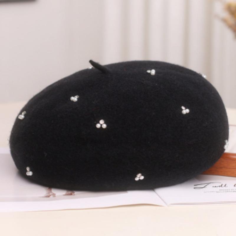Vintage Wool Beret Pearl Rhinestone Decor Women Autumn Winter Hat Multi Color