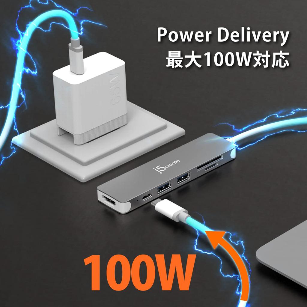 J5create 4K 100W Fast X Data PD 100W Card 2TB Compatible with iPhone 15 and MacBook iPad and Surface Book USB-C Hub, 6-in-1, HDMI, 30Hz, Type-C