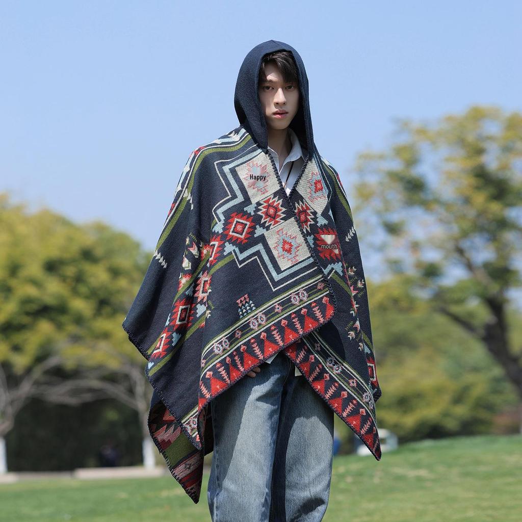 Ethnic Hooded Cape Shawl - Unisex Warm Travel Outerwear Cloak