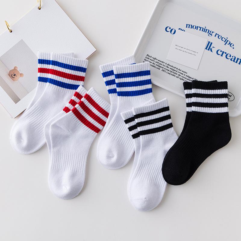 Kids' White & Black Mid-Calf Cotton Socks - Thick Striped Sports Socks for Boys & Girls, Spring & Autumn.