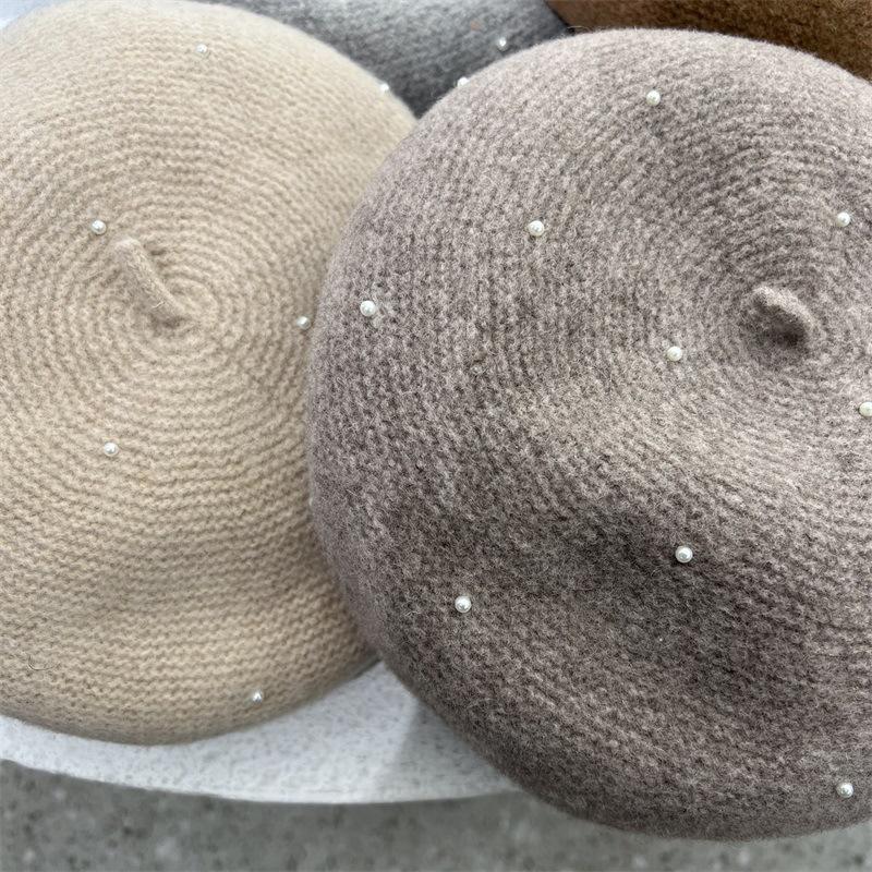 Full of pearls decorated wool knitted beret lady autumn and winter literary retro warm painter hat bud hat