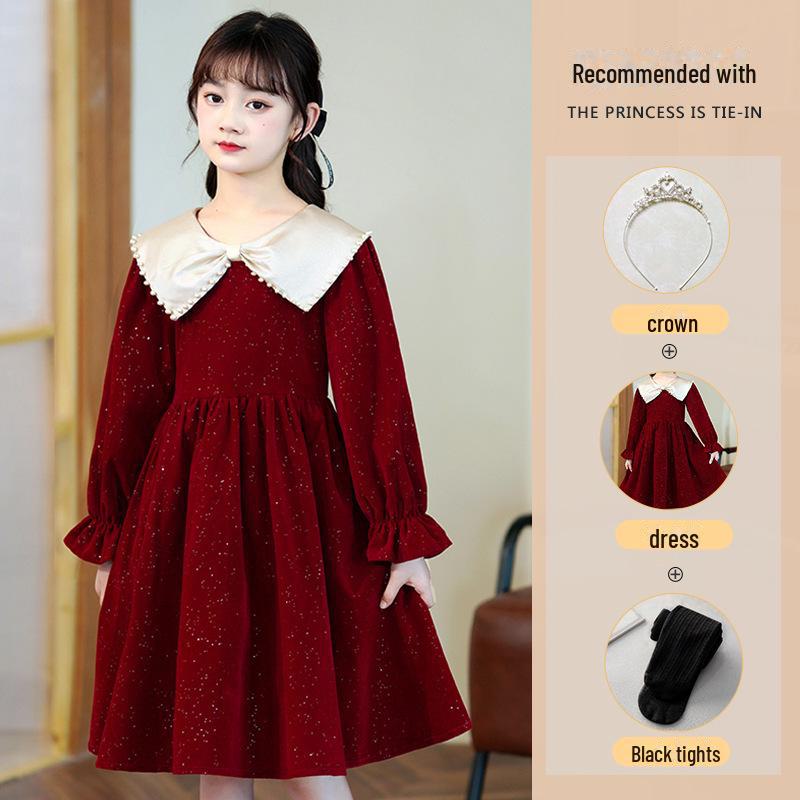 Stylish 2023 Autumn & Winter Girls' Long Sleeve Princess Dress with Velvet