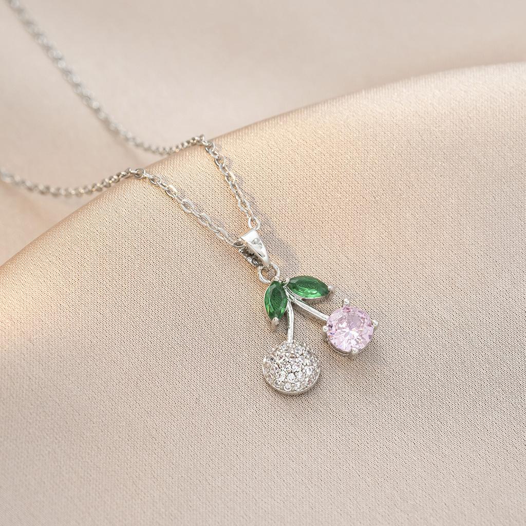Cherry Pendant Necklace for Women Fashion Stainless Steel Chain Zirconia Necklaces Wedding Party Jewelry Accessories