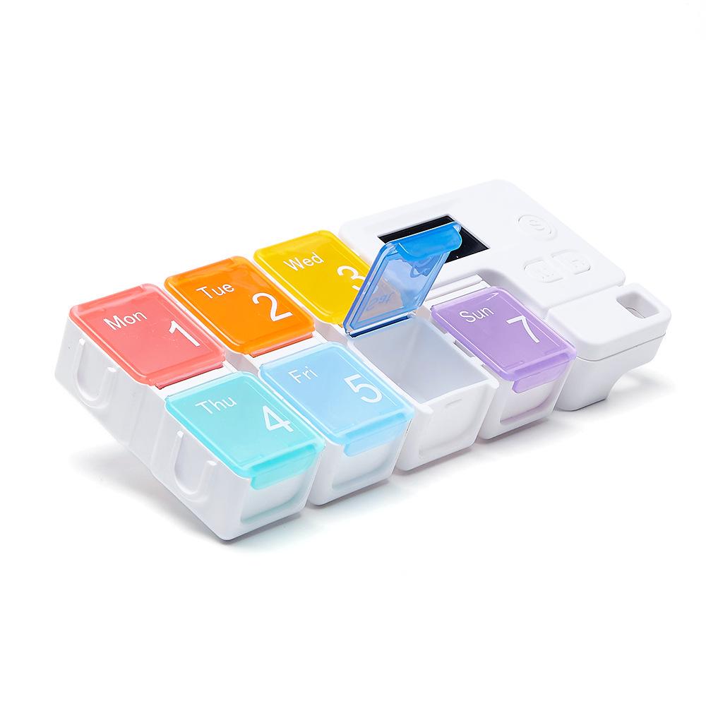 Square Plastic Pill Box with Timer - 7 Compartment Weekly Organizer & Electronic Reminder, Portable Dispenser