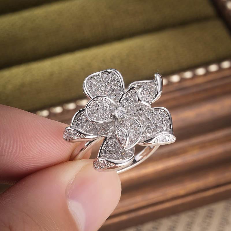 Women Flower Shaped Cubic Zirconia Rings Zinc Alloy Color New Trendy Zircon Exquisite Gift Temperament Female Accessories