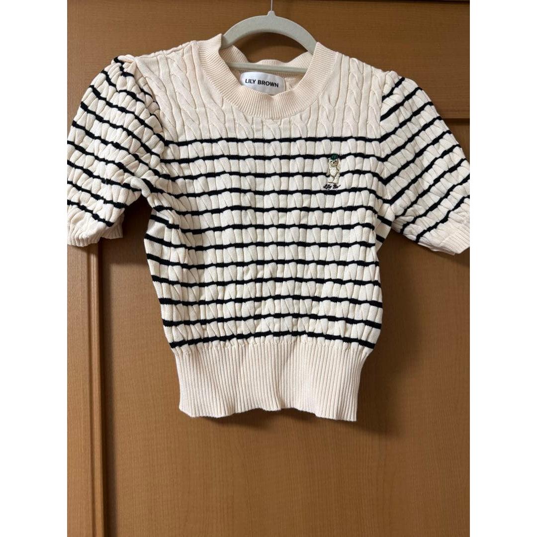 LILY BROWN Short Sleeve Knit Border Bear Embroidery