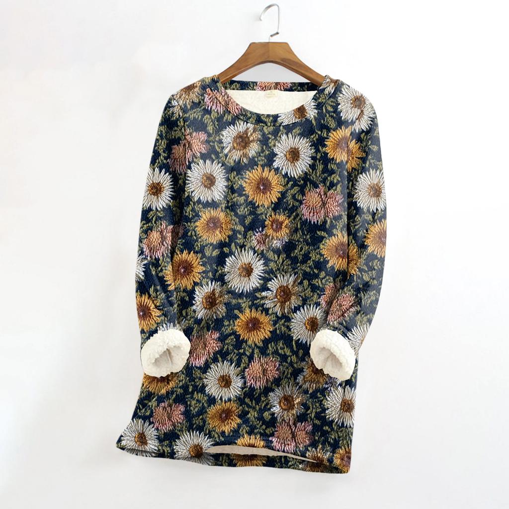 Dame Rundhals Topp Trykk Fortykket Plysj Kasjmir Varm Lang Topp