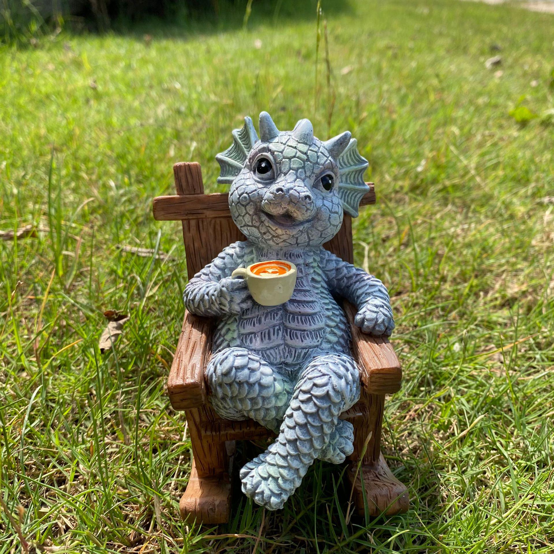 Creative Cute Dragon Rocking Chair Ornament - Cartoon Coffee Dragon Desktop Resin Decoration