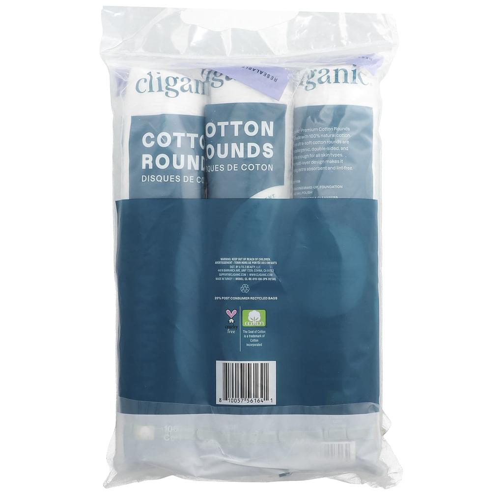 Cliganic, Premium Cotton Pads, 3 Packs, 100 Pads Each