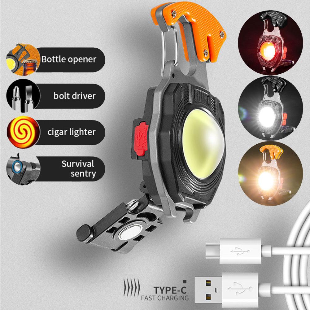 Mini LED Flashlight Work Light Portable Pocket Flashlight Keychains USB Rechargeable for Outdoor Camping Small Light Corkscrew