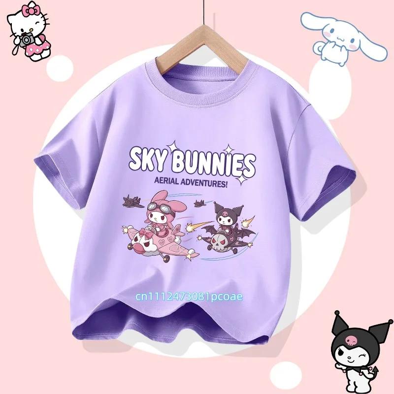 Kuromi Children's Pure Cotton Short-Sleeved Girls' Casual Shirt - Summer T-Shirt with Cartoon Print- Three Little Monkeys Series