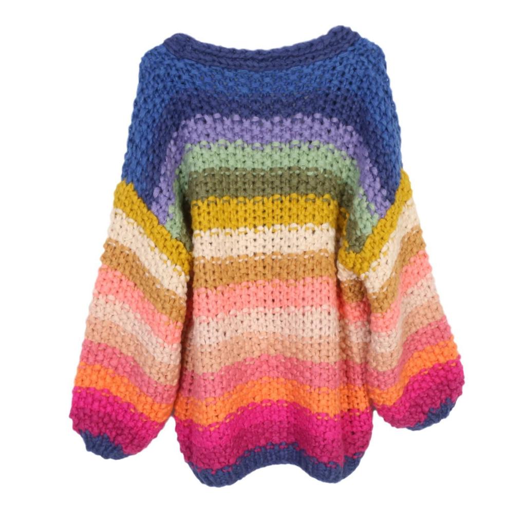Women's Handmade Rainbow Stripe Floral Sweater Cardigan - Autumn/Winter European & American Style