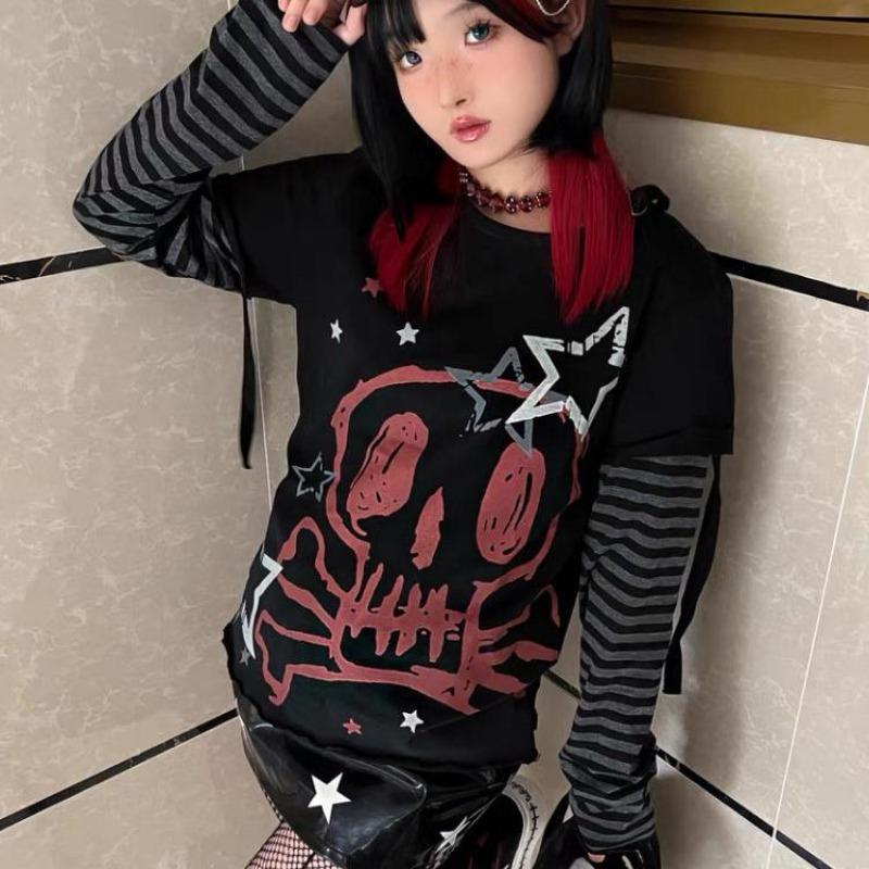 2KWEIRD Japanese Y2k Aesthetic Long Sleeve Graphic T Shirt Women Kawaii Cartoon Print Ripped Hollow T-shirt Harajuku Grunge Tee