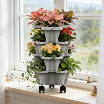 Stackable Vertical Flower Pot Multi-layer Garden Planter Tower with Movable Casters for Strawberry Vegetable Frame Grow Planter