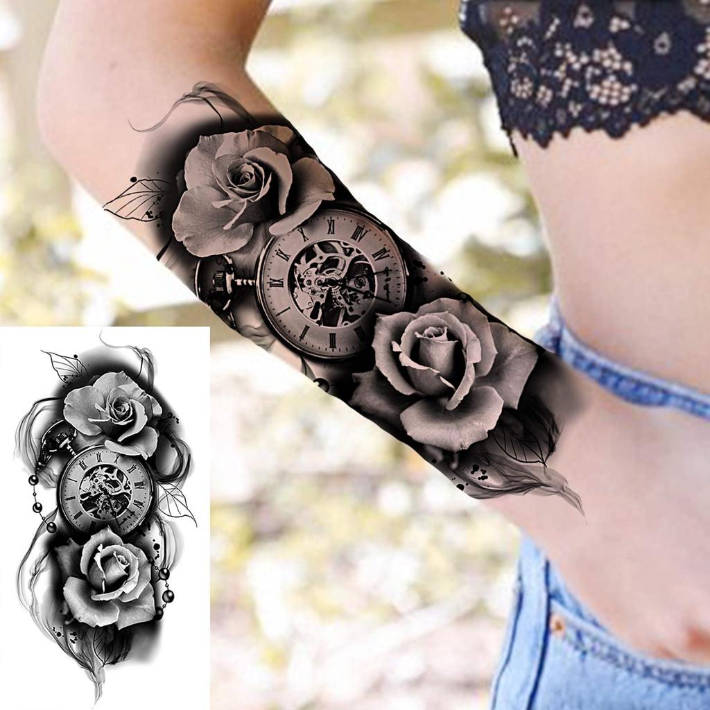 1 Sheet Lion Wolf Skeleton Nun Tiger Black Temporary Tattoos For Men Adult Leg Arm Compass Flower Fake Tattoo Sticker Waterproof