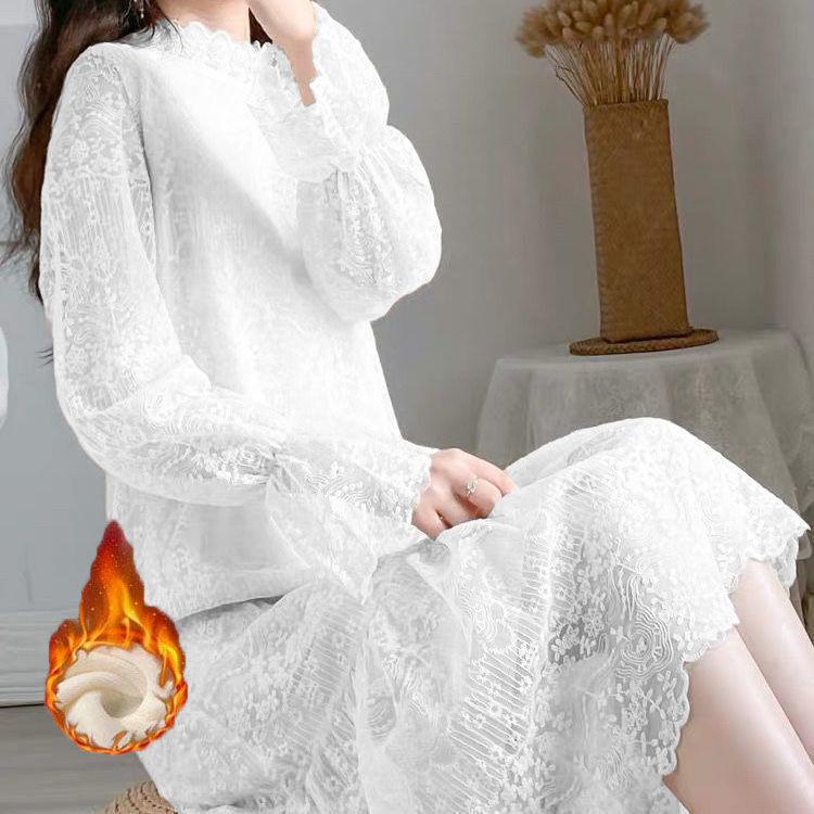 Elegant Soft Drape Lace Dress Women's Autumn Winter Mid-Length Fleece-Lined Inner Wear Long-Sleeve Underskirt