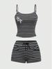 American Sporty Casual Two-Piece Set: Rhinestone Halter Top & Striped Lace-Up Shorts