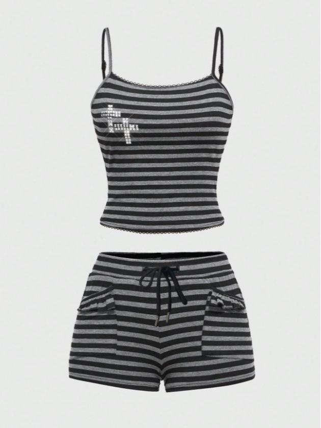 American Sporty Casual Two-Piece Set: Rhinestone Halter Top & Striped Lace-Up Shorts