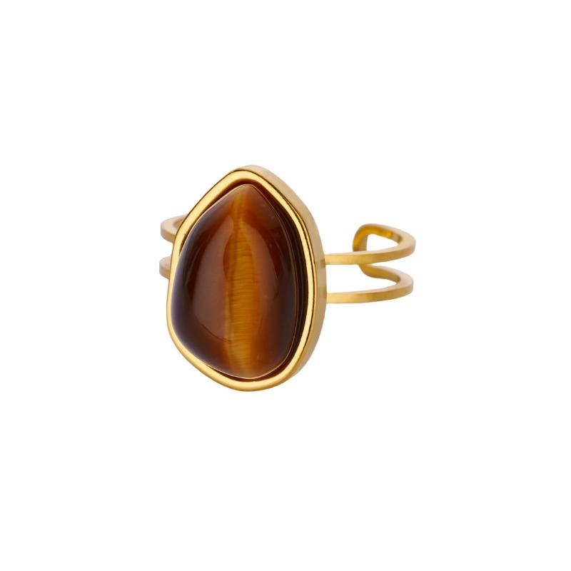 Stylish and Simple Tiger's Eye Stone Opening Adjustable Ring Retro Temperament Stainless Steel Gold-plated Jewelry Ring Versatile Woman