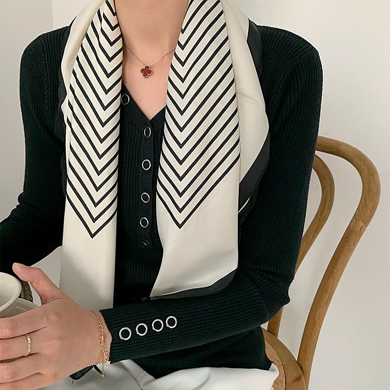 Silk scarf female stripe black and white printing spring and summer new decoration simple fashion simulation silk square scarf
