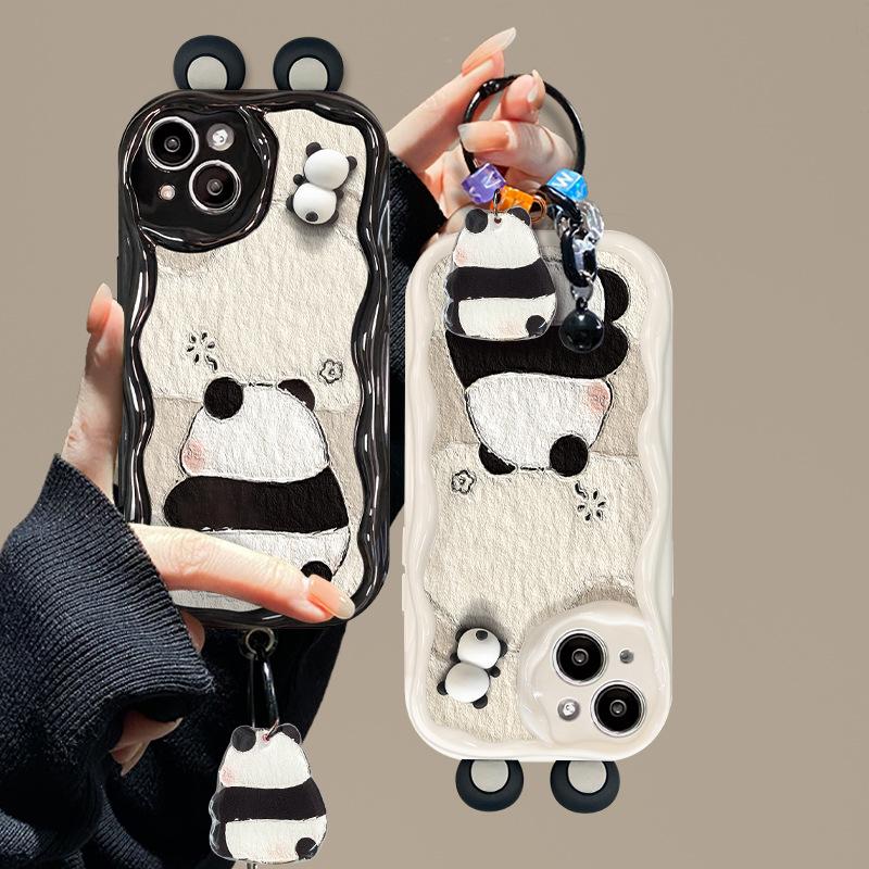 Applicable To Apple 14promax Mobile Phone Case IPhone 15 Cute Cartoon Panda Doll Stand Pendant 13 Silicone