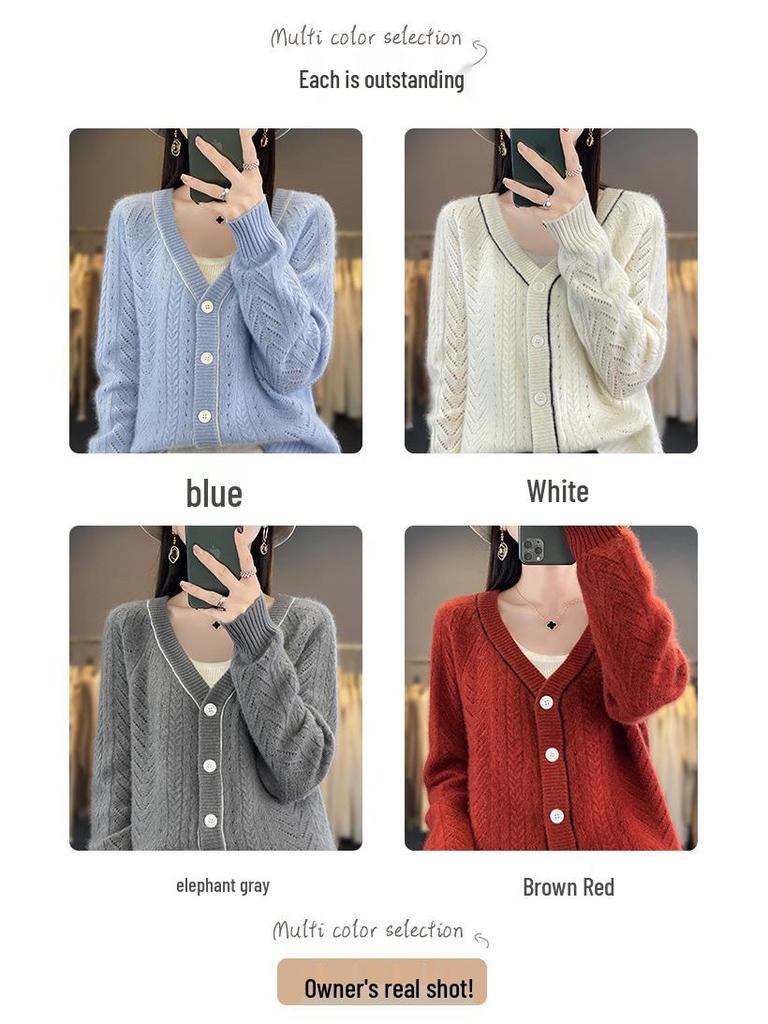 Damen Strickjacke aus Wolle mit hohlem V-Ausschnitt - Herbst/Winter Langarm Kaschmirpullover