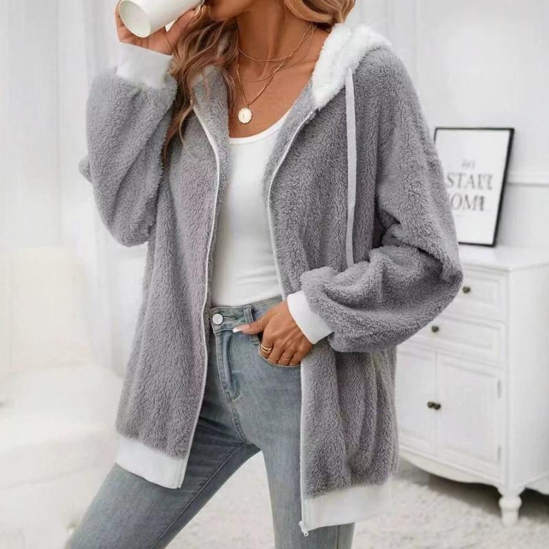 Women S Loose Plush Zip Up Hooded Coat For Autumn Winter