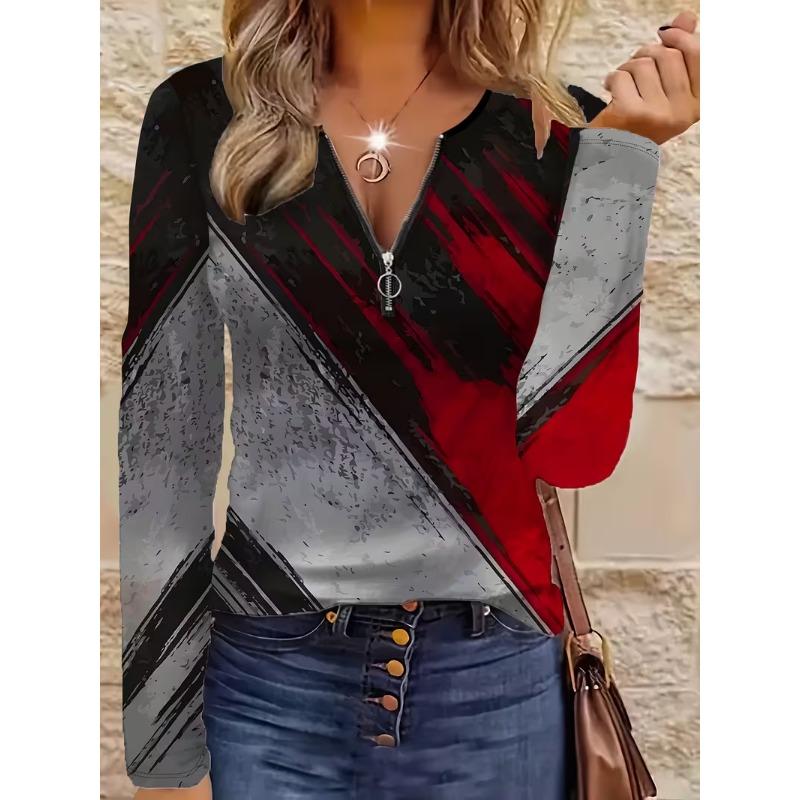 Ladies' 3D Printed V-neck Zipper T-shirt with Glossy Long Sleeved Top and Half Zipper Long Sleeved T-shirt